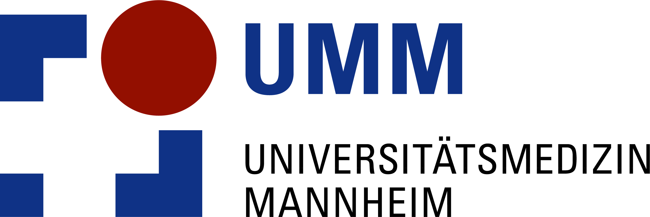 Logo der Universitätsmedizin Mannheim mit blauer Schrift "UMM" und geometrischem Symbol in Rot und Blau.