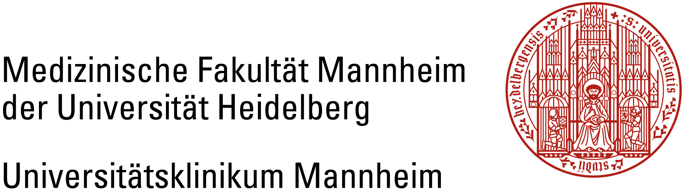 Schwarzes Logo der Universität Tübingen mit rotem Siegel rechts, zeigt gotische Architektur und mittelalterliche Figuren.