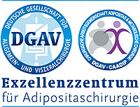 csm_DGAV_Zertifizierungssignet-Exz-AdiposChir_79bc95ccbf Logos der DGAV und CAADIP mit dem Text "Exzellenzzentrum für Adipositaschirurgie".