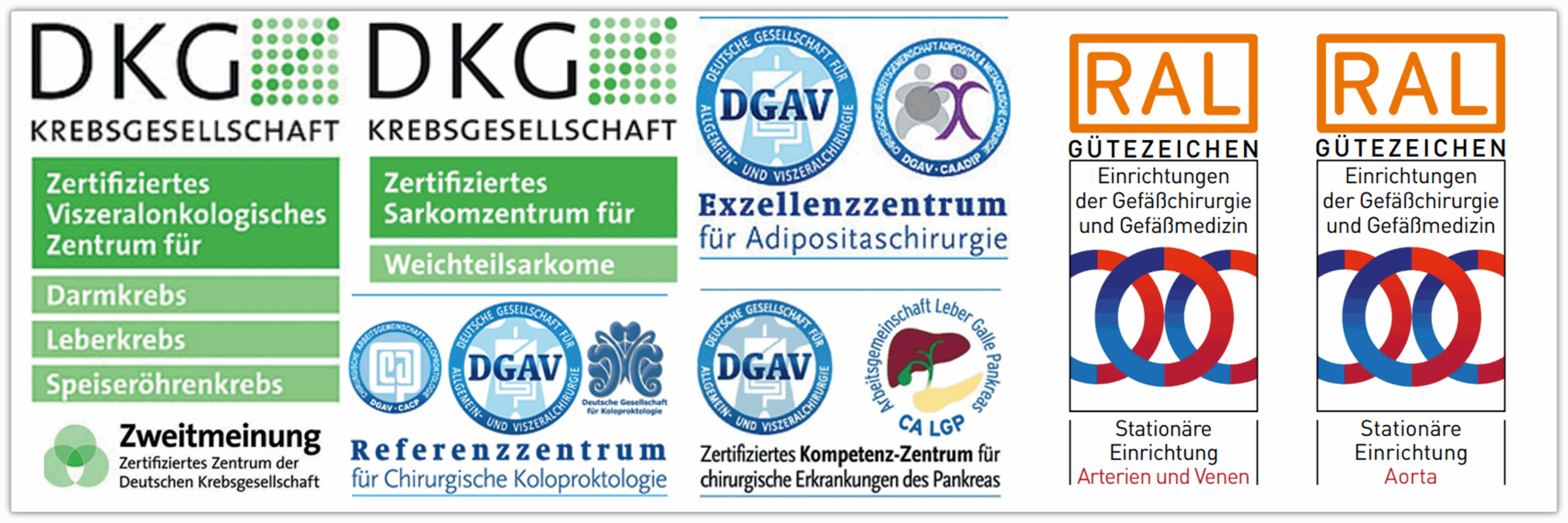 Zertifikate Logos und Zertifikate für medizinische Zentren, darunter onkologische, chirurgische und gefäßmedizinische Einrichtungen.