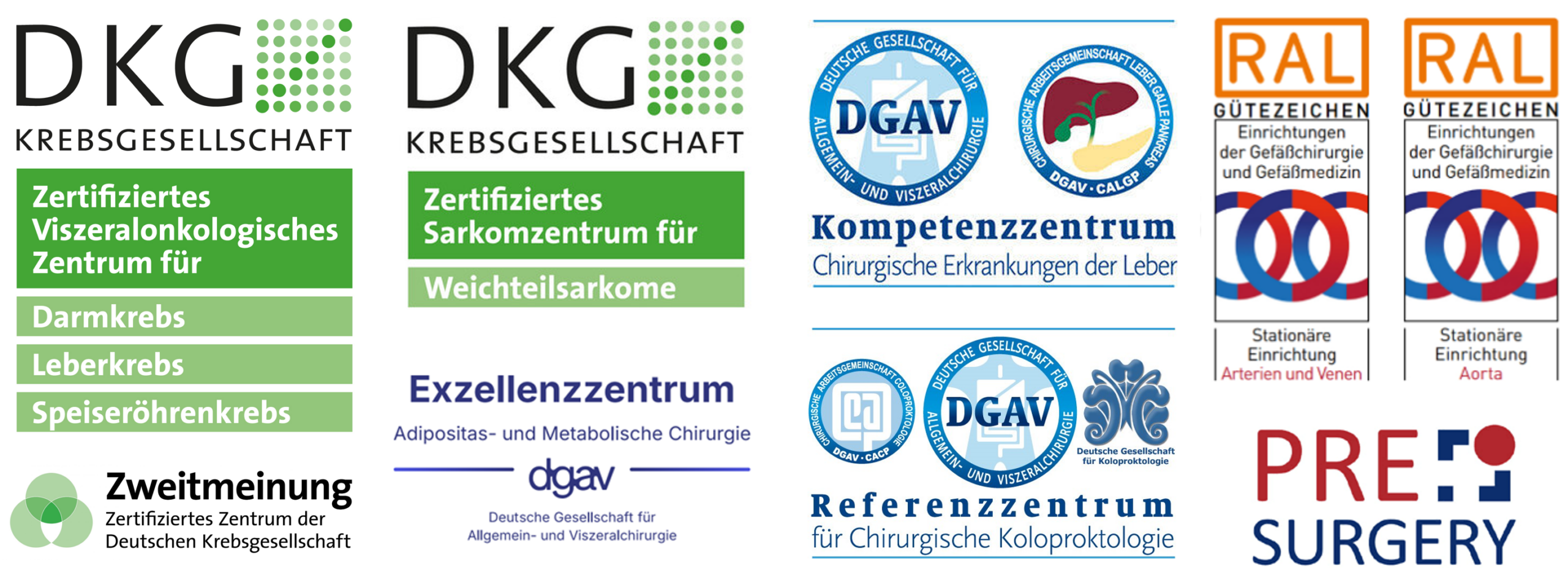 Übersicht verschiedener Zertifizierungs- und Qualitätssiegel medizinischer Fachgesellschaften, darunter Deutsche Krebsgesellschaft, DGAV-Kompetenz- und Referenzzentren, RAL-Gütezeichen für Gefäßchirurgie sowie PRE Surgery.